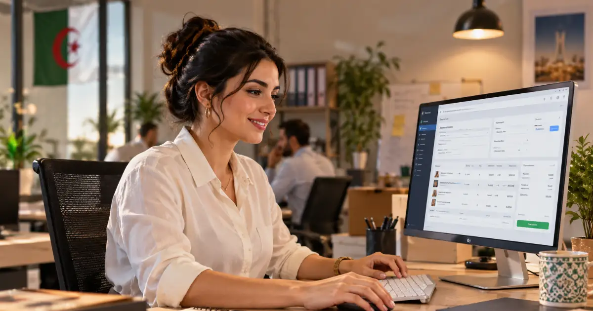 Une assistante commerciale souriante travaille sur son ordinateur dans un bureau d'Alger, avec un drapeau algérien en arrière-plan