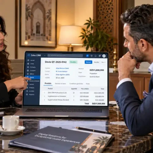 Une consultante présente un devis dans Zoho CRM à un directeur d'hôtel lors d'un rendez-vous commercial