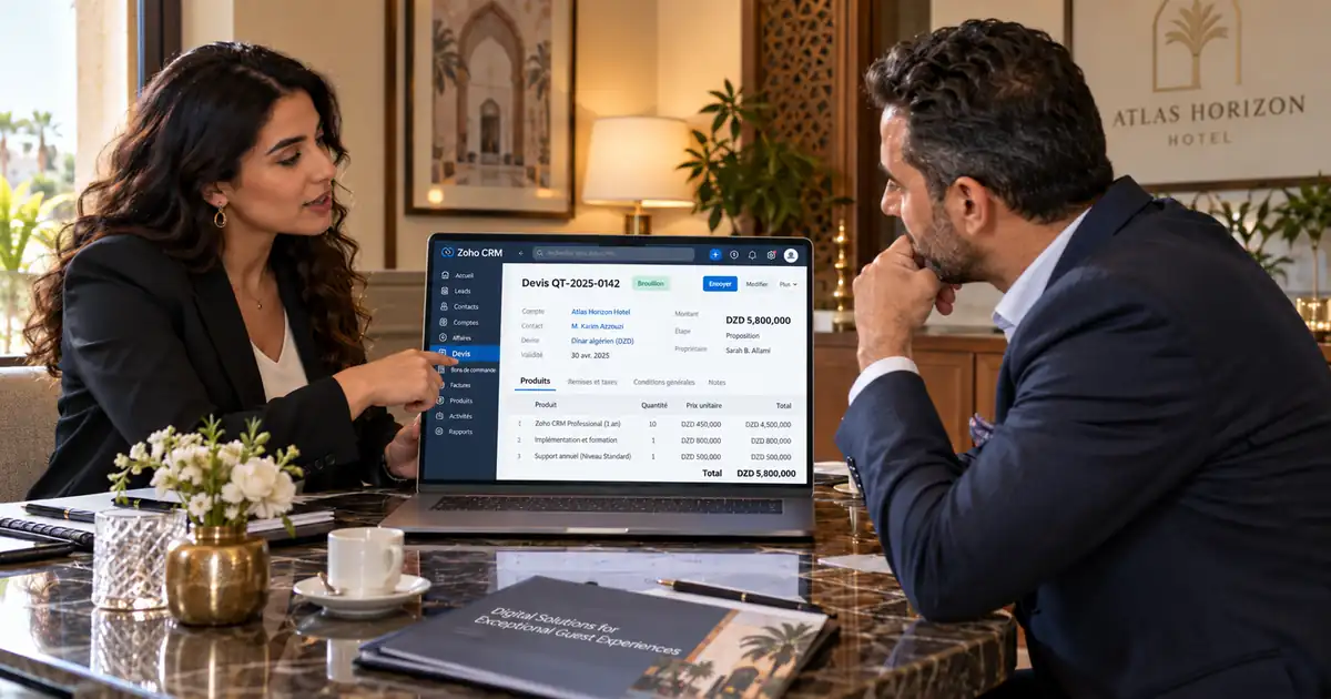Une consultante présente un devis dans Zoho CRM à un directeur d'hôtel lors d'un rendez-vous commercial