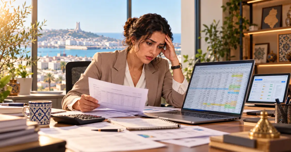 Une responsable commerciale, la main sur le front, compare des devis papier et un tableau Excel dans un bureau avec vue sur la baie d'Alger
