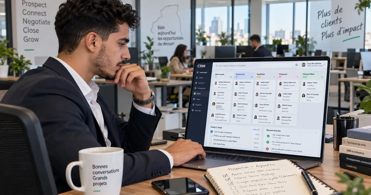 Un commercial suit ses leads dans un CRM, du nouveau prospect à l'affaire gagnée, avec sa liste d'appels du jour