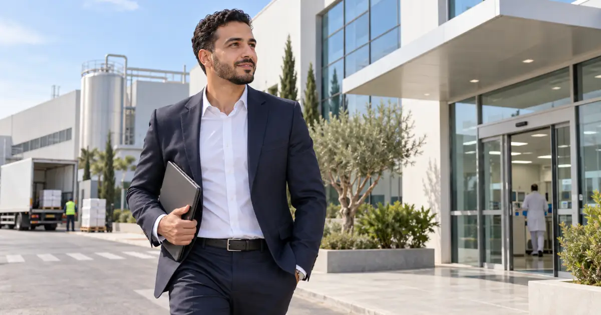 Un commercial terrain, sa tablette sous le bras, arrive sur le site industriel d'un client pour une visite