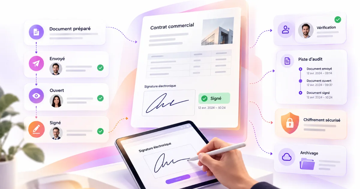 Une main signe un contrat commercial au stylet sur une tablette, entourée des étapes du parcours de signature électronique : envoi, ouverture, signature, vérification de l'identité, piste d'audit, chiffrement et archivage