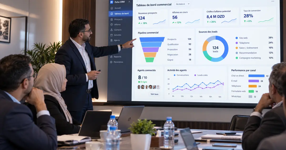 Un responsable commercial présente à son équipe, en salle de réunion, un tableau de bord Zoho CRM affiché sur grand écran : pipeline, sources des leads et performance par canal
