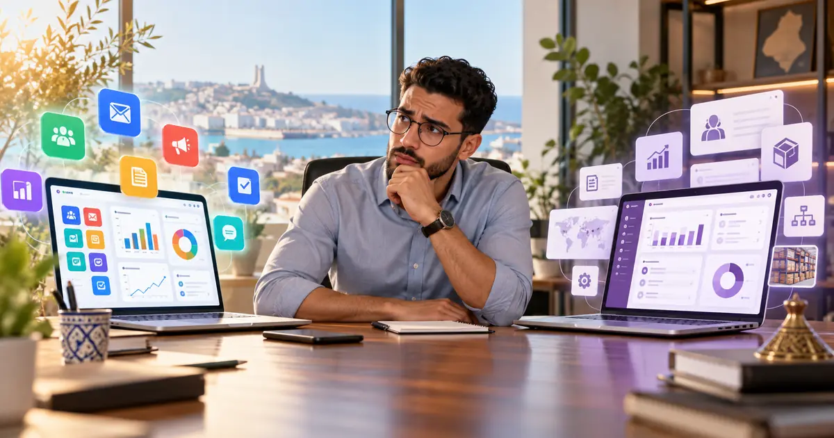 Un dirigeant hésite entre deux logiciels CRM affichés sur deux ordinateurs, dans un bureau avec vue sur la baie d'Alger